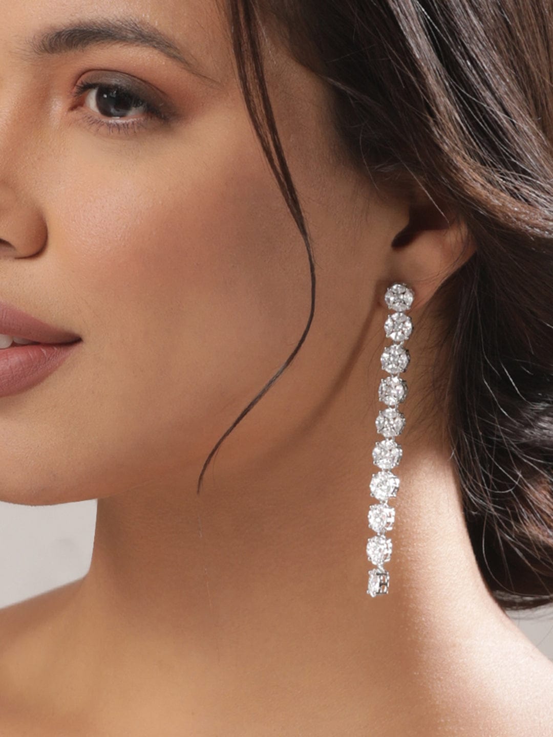 Rubans Rhodium Plated Silver Toned Cubic Zirconia Studded Contemporary Long Drop Earrings Drop Earrings