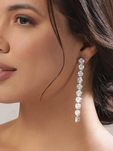 Rubans Rhodium Plated Silver Toned Cubic Zirconia Studded Contemporary Long Drop Earrings Drop Earrings