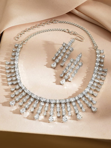 Rubans Rhodium-Plated Sparkling Cubic Zirconia Stone Studded Fringe Luxe Necklace Set Jewellery Set