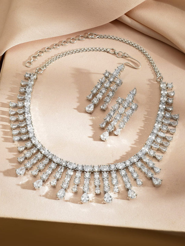 Rubans Rhodium-Plated Sparkling Cubic Zirconia Stone Studded Fringe Luxe Necklace Set Jewellery Set