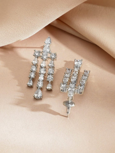 Rubans Rhodium-Plated Sparkling Cubic Zirconia Stone Studded Fringe Luxe Necklace Set Jewellery Set