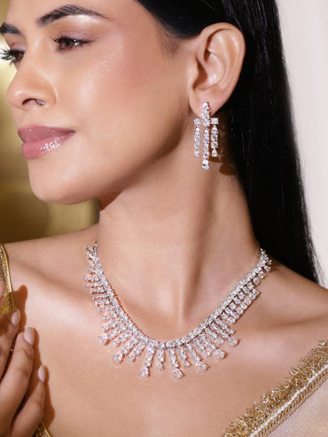 Rubans Rhodium-Plated Sparkling Cubic Zirconia Stone Studded Fringe Luxe Necklace Set Jewellery Set
