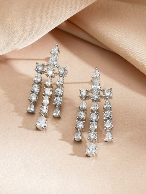 Rubans Rhodium-Plated Sparkling Cubic Zirconia Stone Studded Fringe Luxe Necklace Set Jewellery Set