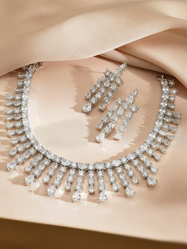 Rubans Rhodium-Plated Sparkling Cubic Zirconia Stone Studded Fringe Luxe Necklace Set Necklace Sets