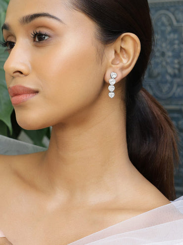 Rubans Rhodium-Plated Sparkling Cubic Zirconia Studded Heart-Shaped Premium Drop Earrings Earrings