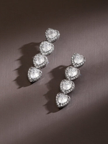 Rubans Rhodium-Plated Sparkling Cubic Zirconia Studded Heart-Shaped Premium Drop Earrings Earrings