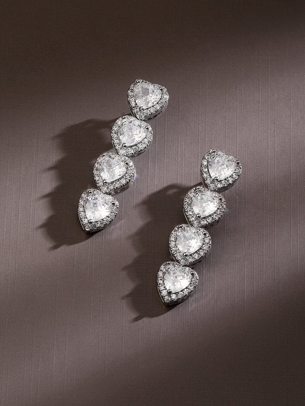 Rubans Rhodium-Plated Sparkling Cubic Zirconia Studded Heart-Shaped Premium Drop Earrings Earrings