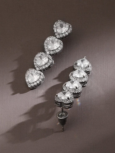 Rubans Rhodium-Plated Sparkling Cubic Zirconia Studded Heart-Shaped Premium Drop Earrings Earrings