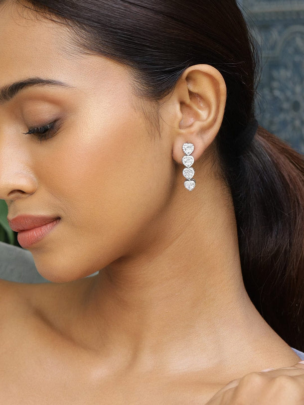 Rubans Rhodium-Plated Sparkling Cubic Zirconia Studded Heart-Shaped Premium Drop Earrings Earrings