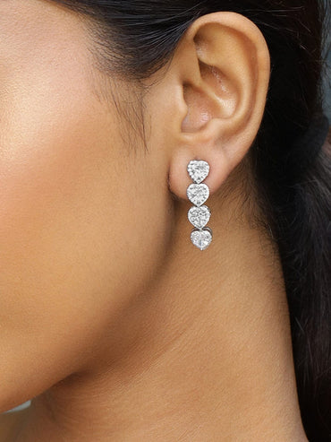 Rubans Rhodium-Plated Sparkling Cubic Zirconia Studded Heart-Shaped Premium Drop Earrings Earrings