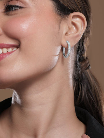 Rubans Rhodium Plated Sparkling Cubic Zirconia Studded Hoop Earrings Earrings