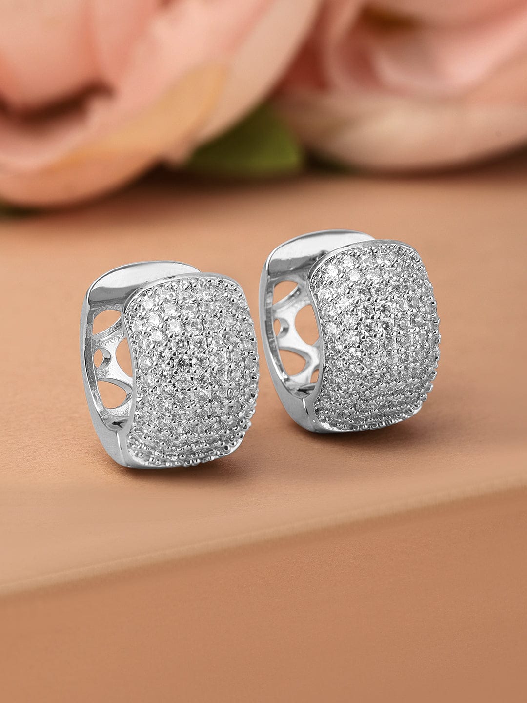 Rubans Rhodium-Plated Sparkling Cubic Zirconia Studded Hoop Earrings Earrings