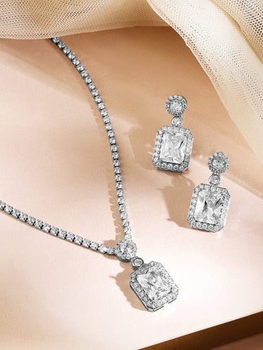 Rubans Rhodium-Plated Sparkling Cubic Zirconia Studded Pendant Necklace Set Jewellery Set