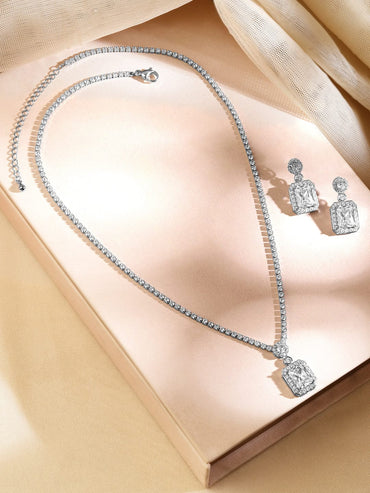 Rubans Rhodium-Plated Sparkling Cubic Zirconia Studded Pendant Necklace Set Jewellery Set