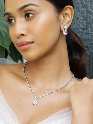 Rubans Rhodium-Plated Sparkling Cubic Zirconia Studded Pendant Necklace Set Jewellery Set