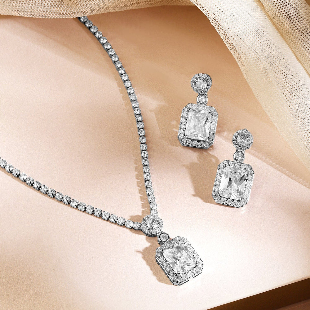 Rubans Rhodium-Plated Sparkling Cubic Zirconia Studded Pendant Necklace Set Necklace Set