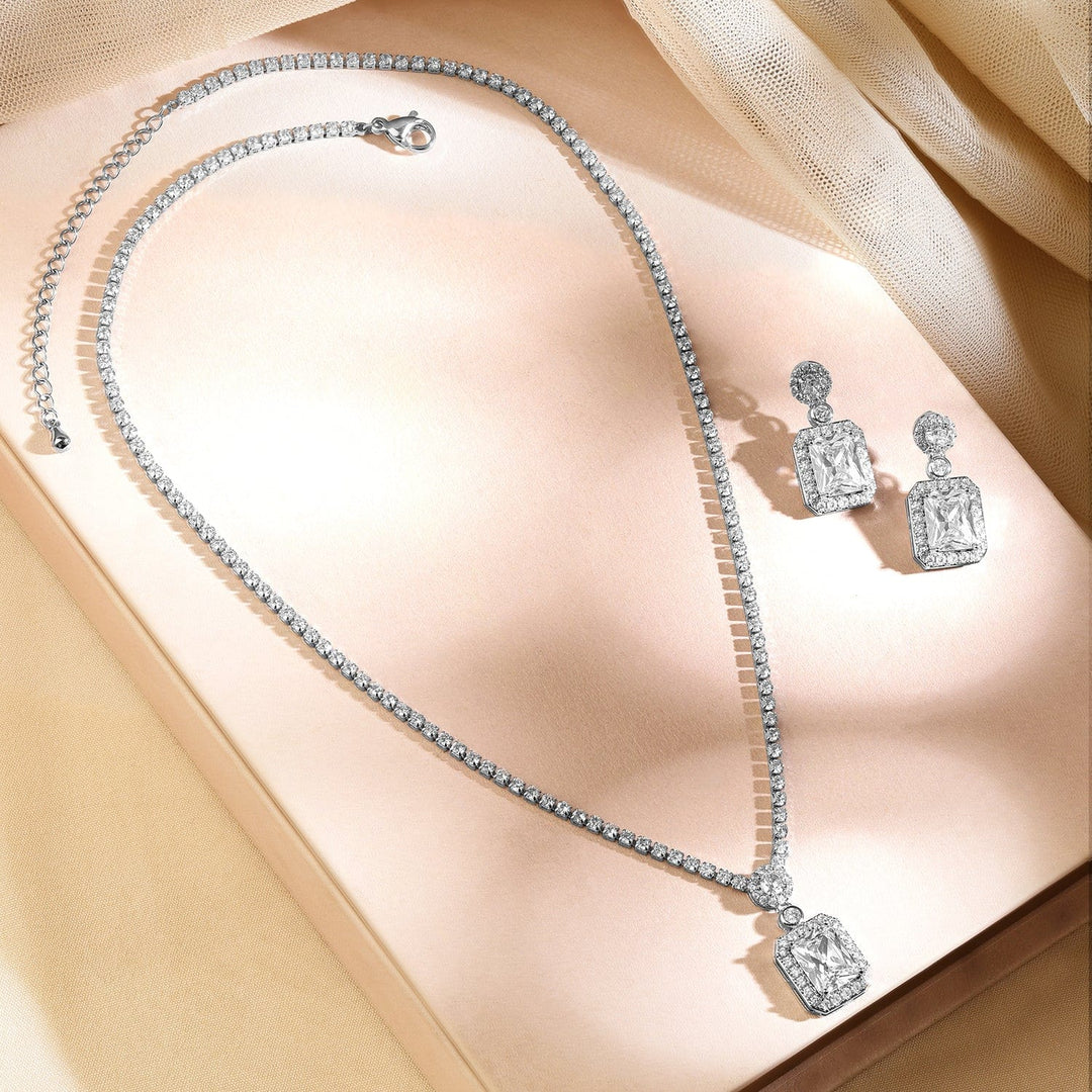 Rubans Rhodium-Plated Sparkling Cubic Zirconia Studded Pendant Necklace Set Necklace Set