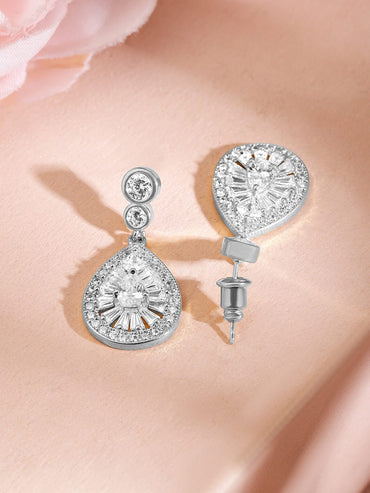 Rubans Rhodium-Plated Sparkling Cubic Zirconia Studded Radiant Teardrop Earrings Earrings