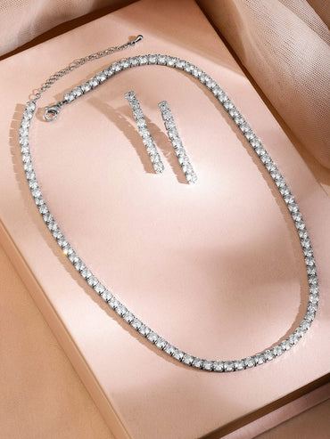 Rubans Rhodium-Plated Sparkling Cubic Zirconia Studded Tennis Statement Necklace Set Jewellery Set