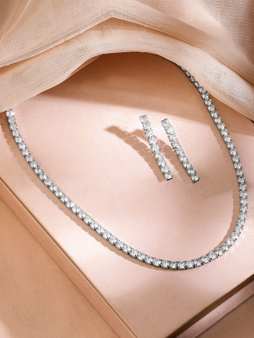 Rubans Rhodium-Plated Sparkling Cubic Zirconia Studded Tennis Statement Necklace Set Jewellery Set