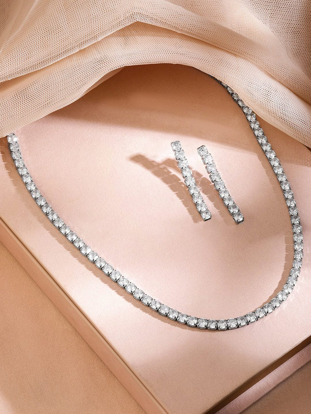 Rubans Rhodium-Plated Sparkling Cubic Zirconia Studded Tennis Statement Necklace Set Jewellery Set