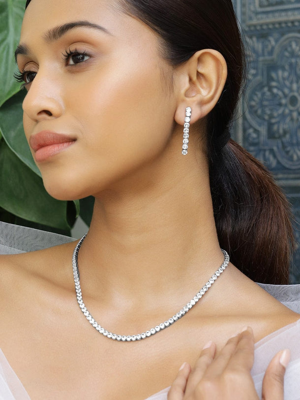 Rubans Rhodium-Plated Sparkling Cubic Zirconia Studded Tennis Statement Necklace Set Jewellery Set