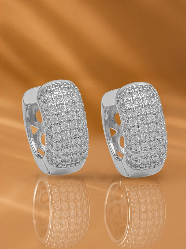 Rubans Rhodium-Plated Sparkling Cubic Zirconia Studded Wide Half-Hoop Earrings Earrings