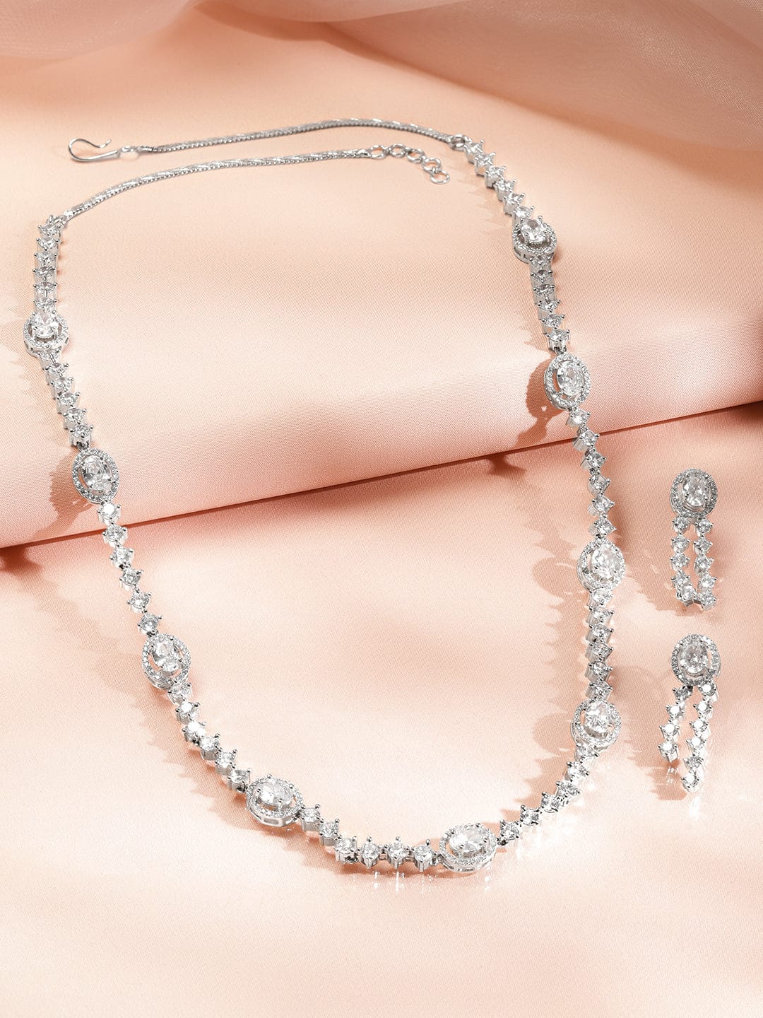 Rubans Rhodium-Plated Sparkling White Cubic Zirconia Stone Luxury Statement Long Necklace Set Jewellery Set
