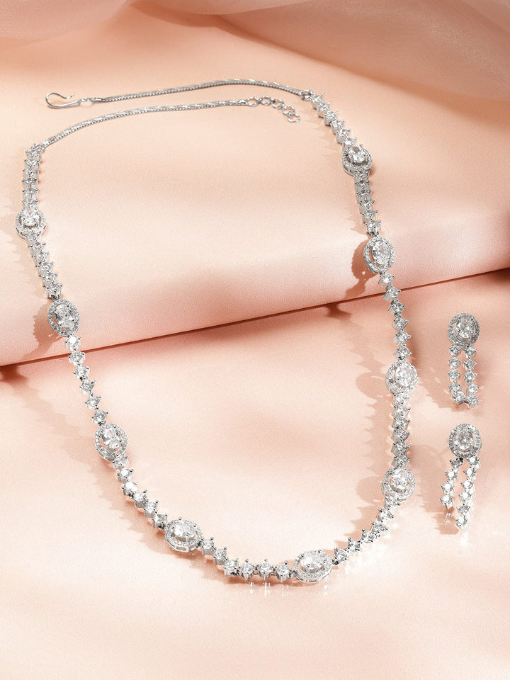 Rubans Rhodium-Plated Sparkling White Cubic Zirconia Stone Luxury Statement Long Necklace Set Jewellery Set