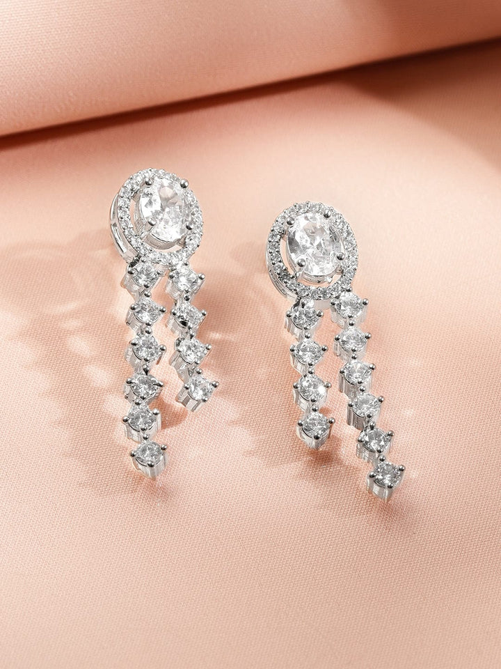 Rubans Rhodium-Plated Sparkling White Cubic Zirconia Stone Luxury Statement Long Necklace Set Jewellery Set