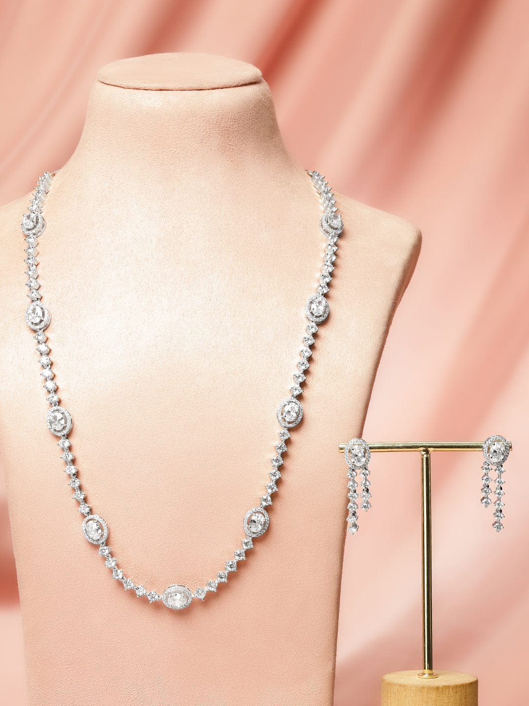 Rubans Rhodium-Plated Sparkling White Cubic Zirconia Stone Luxury Statement Long Necklace Set Jewellery Set