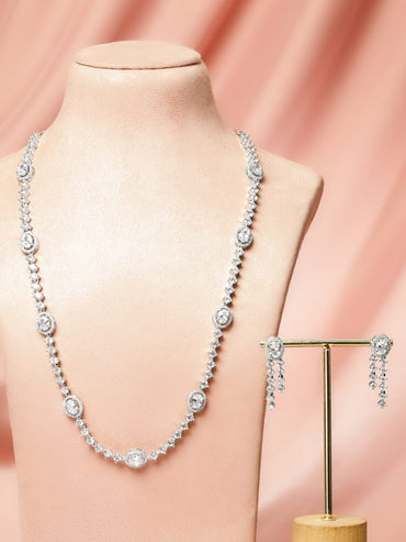 Rubans Rhodium-Plated Sparkling White Cubic Zirconia Stone Luxury Statement Long Necklace Set Jewellery Set