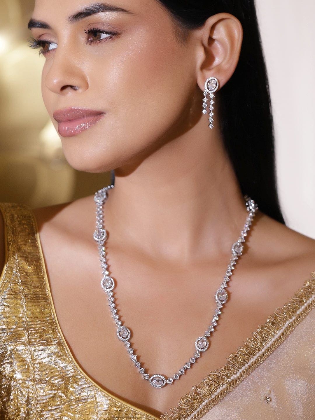 Rubans Rhodium-Plated Sparkling White Cubic Zirconia Stone Luxury Statement Long Necklace Set Jewellery Set