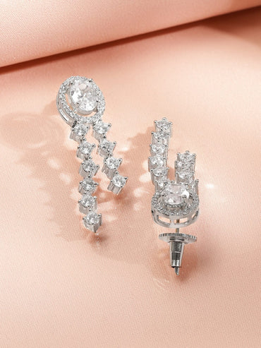 Rubans Rhodium-Plated Sparkling White Cubic Zirconia Stone Luxury Statement Long Necklace Set Jewellery Set