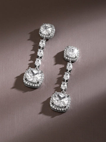 Rubans Rhodium-Plated Square & Oval Cubic Zirconia Studded Drop Earrings Earrings