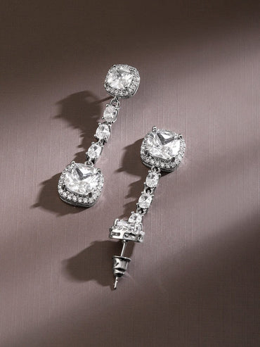 Rubans Rhodium-Plated Square & Oval Cubic Zirconia Studded Drop Earrings Earrings