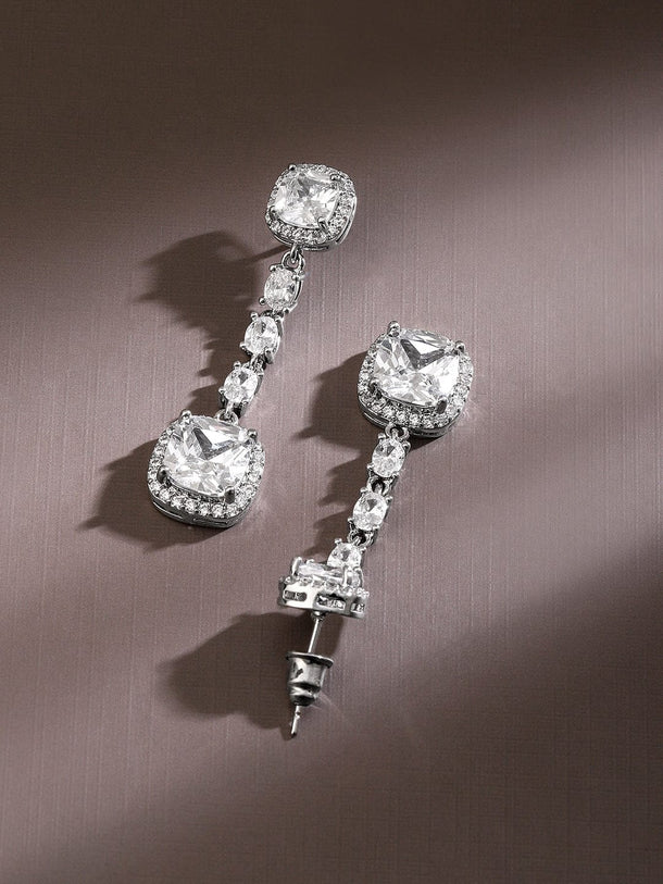 Rubans Rhodium-Plated Square & Oval Cubic Zirconia Studded Drop Earrings Earrings