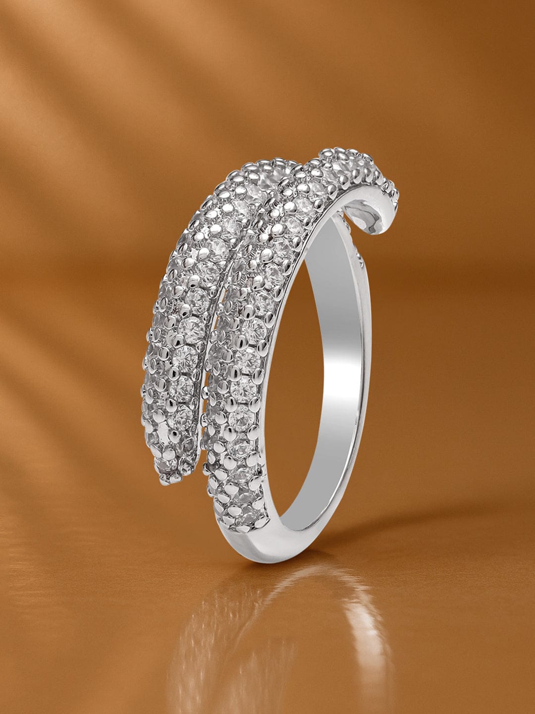 Rubans Rhodium-Plated Stainless Steel Tarnish-Free Waterproof Adjustable Ring with Cubic Zirconia Studded Dual-Band Design Rings
