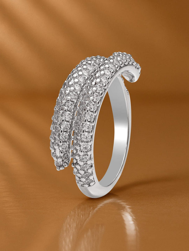 Rubans Rhodium-Plated Stainless Steel Tarnish-Free Waterproof Adjustable Ring with Cubic Zirconia Studded Dual-Band Design Rings