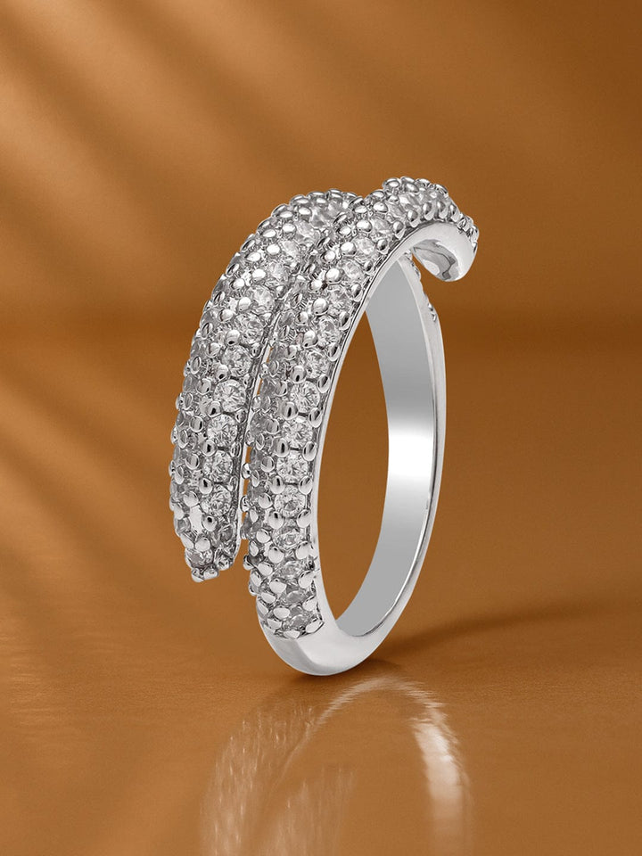 Rubans Rhodium-Plated Stainless Steel Tarnish-Free Waterproof Adjustable Ring with Cubic Zirconia Studded Dual-Band Design Rings