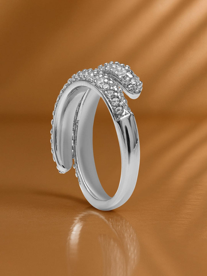 Rubans Rhodium-Plated Stainless Steel Tarnish-Free Waterproof Adjustable Ring with Cubic Zirconia Studded Dual-Band Design Rings