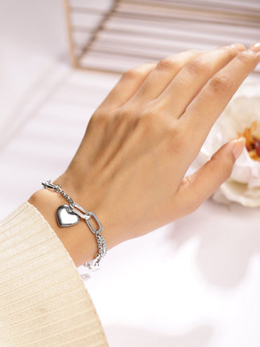 Rubans Rhodium-Plated Stainless Steel Tarnish-Free Waterproof Chain Link Heart Bracelet Bangles & Bracelet