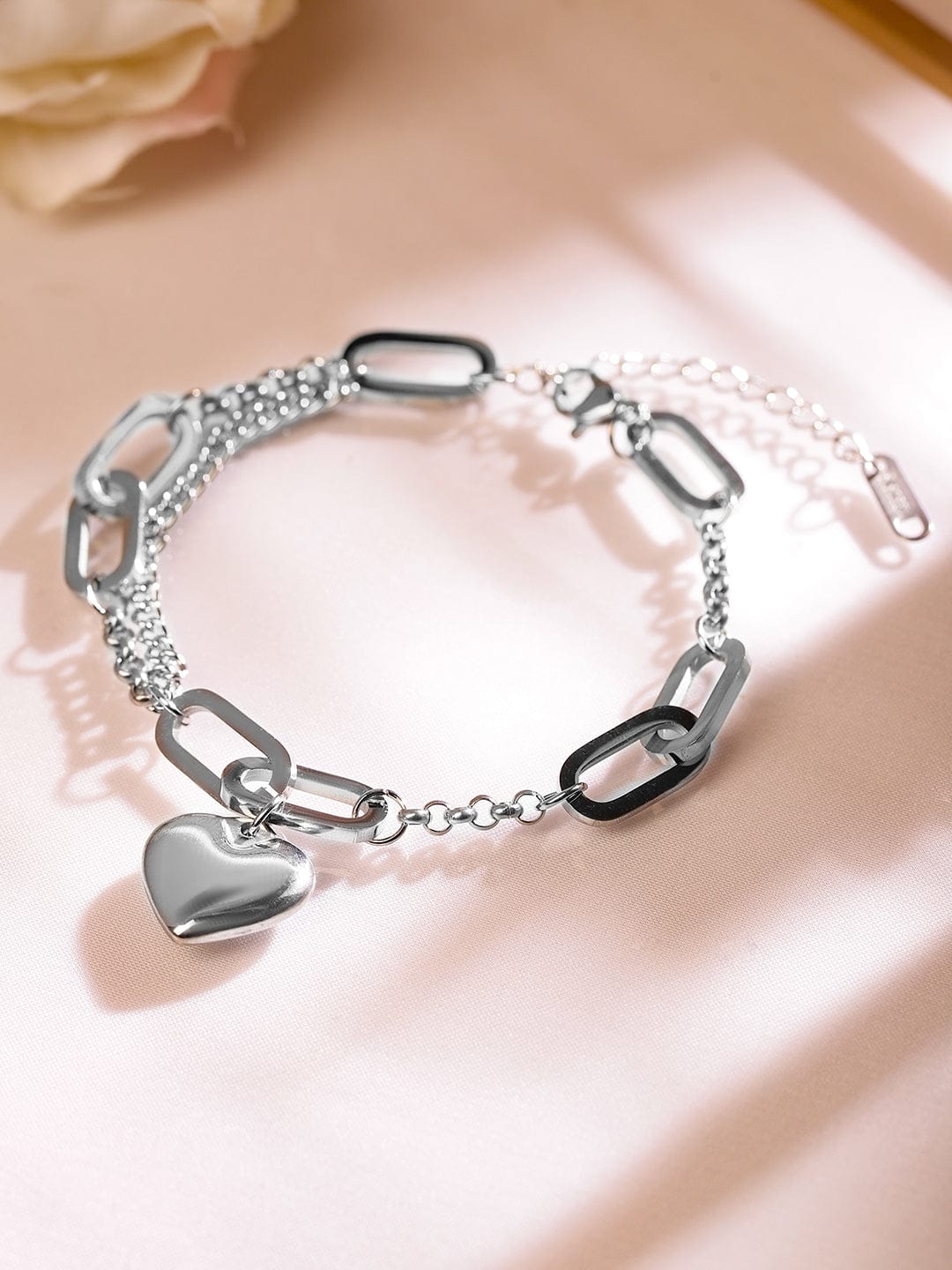 Rubans Rhodium-Plated Stainless Steel Tarnish-Free Waterproof Chain Link Heart Bracelet Wristwear
