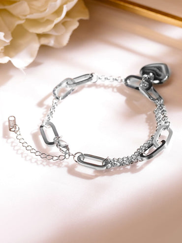 Rubans Rhodium-Plated Stainless Steel Tarnish-Free Waterproof Chain Link Heart Bracelet Wristwear