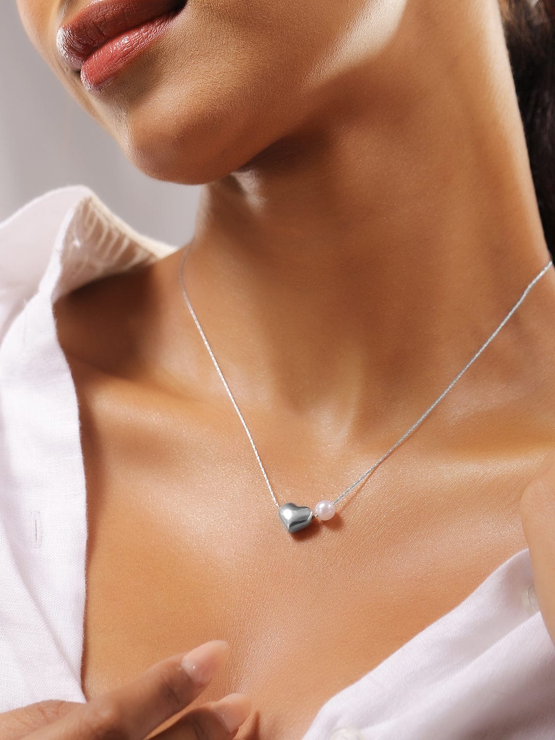 Rubans Rhodium-Plated Stainless Steel Tarnish Free Waterproof Heart & Pearl Pendant Necklace Necklace & Chains