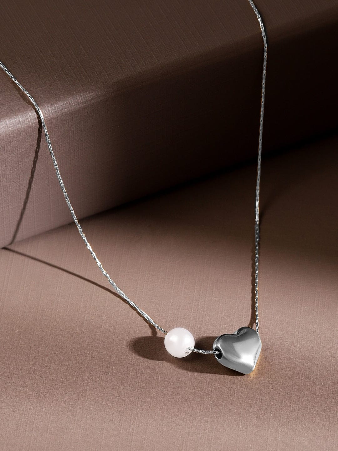 Rubans Rhodium-Plated Stainless Steel Tarnish Free Waterproof Heart & Pearl Pendant Necklace Necklace & Chains