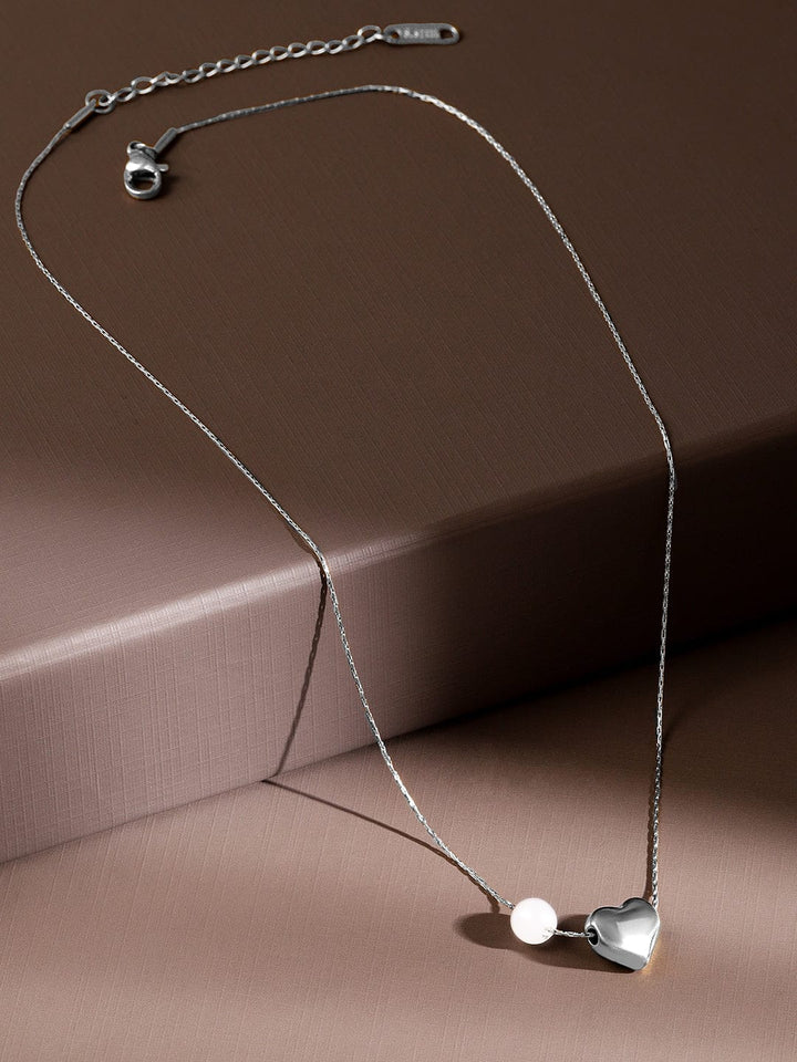 Rubans Rhodium-Plated Stainless Steel Tarnish Free Waterproof Heart & Pearl Pendant Necklace Necklace & Chains