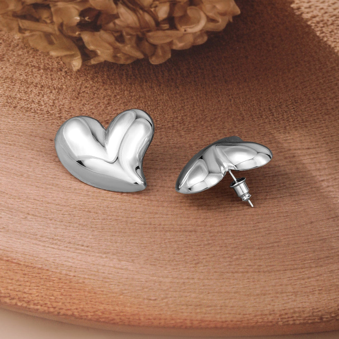 Rubans Rhodium-Plated Stainless Steel Tarnish Free Waterproof Heart Shaped Studs Earrings