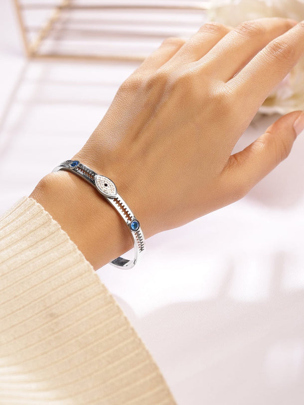 Rubans Rhodium Plated Stainless Steel Tarnish-Free Waterproof Zirconia Evil Eye Bracelet Wristwear