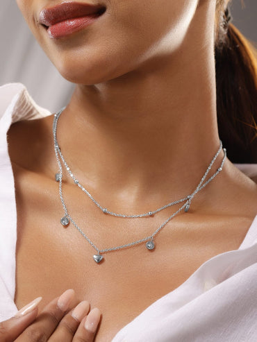 Rubans Rhodium-Plated StainlesSteel TarnishFree Waterproof DoubleLayer Heart & CZ Necklace Chain & Necklace